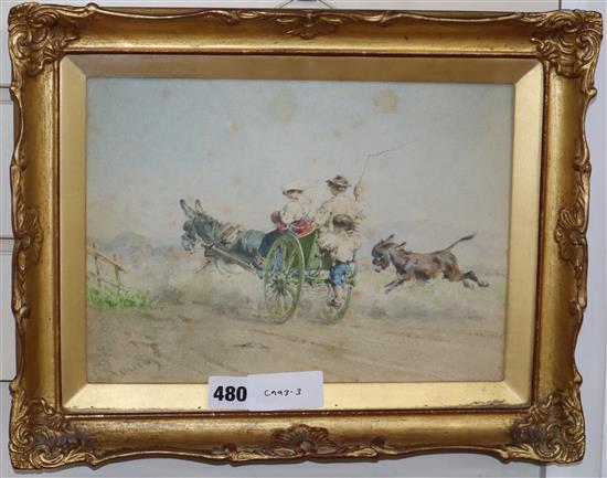 Early 20th century Italian School, watercolour, Figures in a donkey cart, indistinctly signed, 20 x 28cm